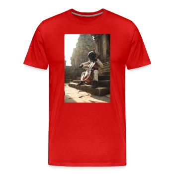 Astronaut spielt Cello auf uralten Stufen - Männer Premium Bio T-Shirt - Rot - Vorne - Damien (186cm)