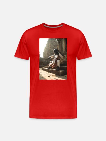 Astronaut Playing Cello on Ancient Steps - Men's Premium Organic T-Shirt - red