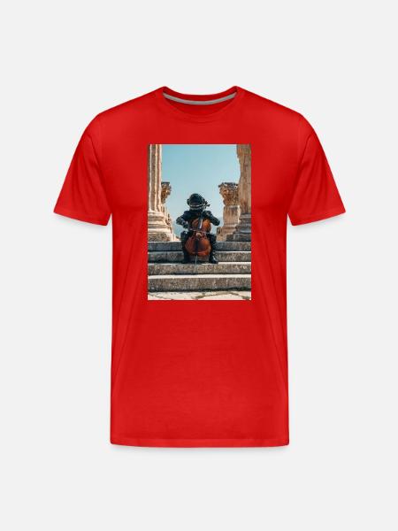 Cosmic Astronaut Playing Cello Amid Ruins - Men's Premium Organic T-Shirt - red