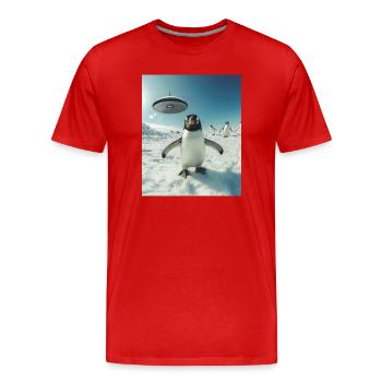 Penguin selfie with UFO - Men's Premium Organic T-Shirt - red - Front - Damien (186cm)