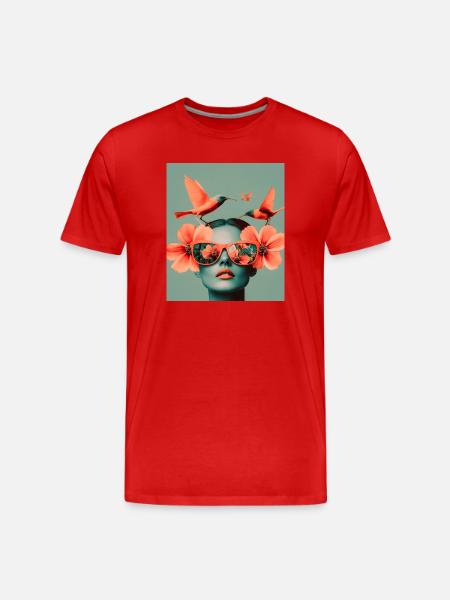 Birds and Flowers on Artistic Head - Men's Premium Organic T-Shirt - red