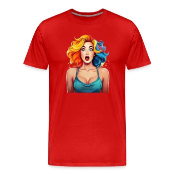 Erschrockene Frau mit bunten Haaren - Männer Premium Bio T-Shirt - Rot - Vorne - Damien (186cm)