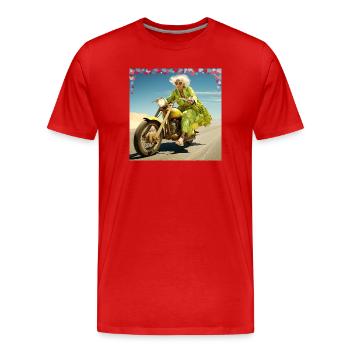 Grandma on a motorcycle in the desert sand Joie de vivre Age - Men's Premium Organic T-Shirt - red - Front - Damien (186cm)