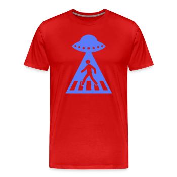 Lustiges UFO Strichmännchen Alien Begegnung  - Männer Premium Bio T-Shirt - Rot - Vorne - Damien (186cm)