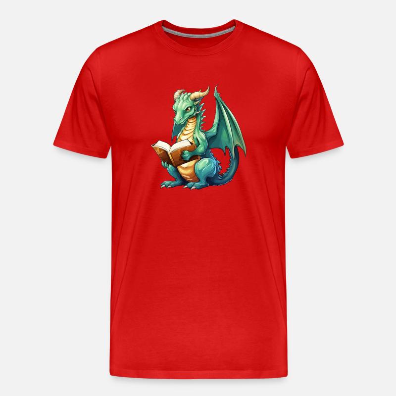 Fantasy-Lese-Drache mit Buch - Männer Premium Bio T-Shirt - Rot