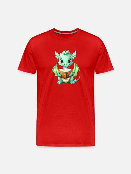 Kritzelnder Drache mit Buch - Männer Premium Bio T-Shirt - Rot