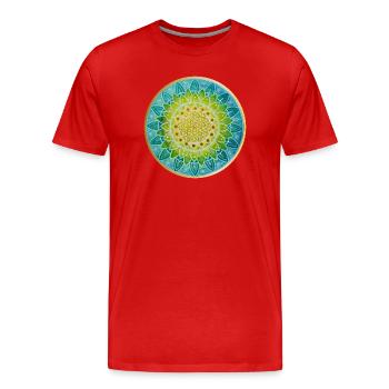 Mandala de fleur géométrique en bleu et vert - T-shirt bio Premium Homme - rouge - Devant - Damien (186cm)