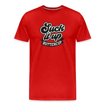 Humorous Text Design with Buttercup - Men's Premium Organic T-Shirt - red - Front - Damien (186cm)