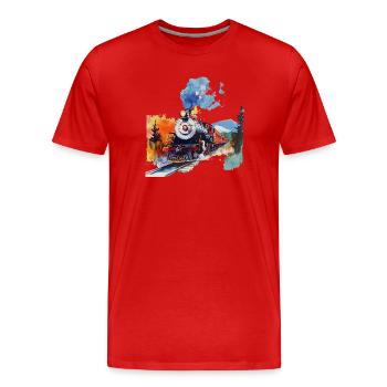 Aquarell Dampflok in den Bergen - Männer Premium Bio T-Shirt - Rot - Vorne - Damien (186cm)
