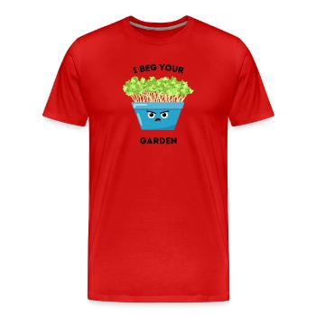 I Beg Your Garden – Funny Plant Cartoon - Men's Premium Organic T-Shirt - red - Front - Damien (186cm)