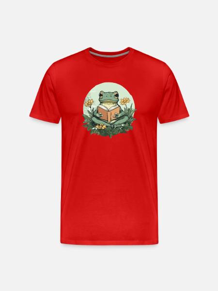 Frosch liest Buch im Blumenmeer - Männer Premium Bio T-Shirt - Rot