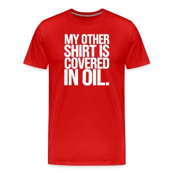 Oil Covered Shirt Parody - Men's Premium Organic T-Shirt - red - Front - Damien (186cm)