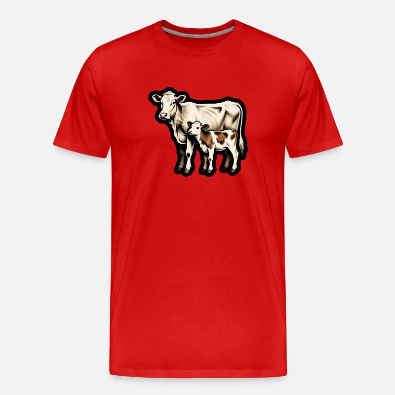 Mutterkuh mit Kalb – Retro Tierillustration - Männer Premium Bio T-Shirt - Rot