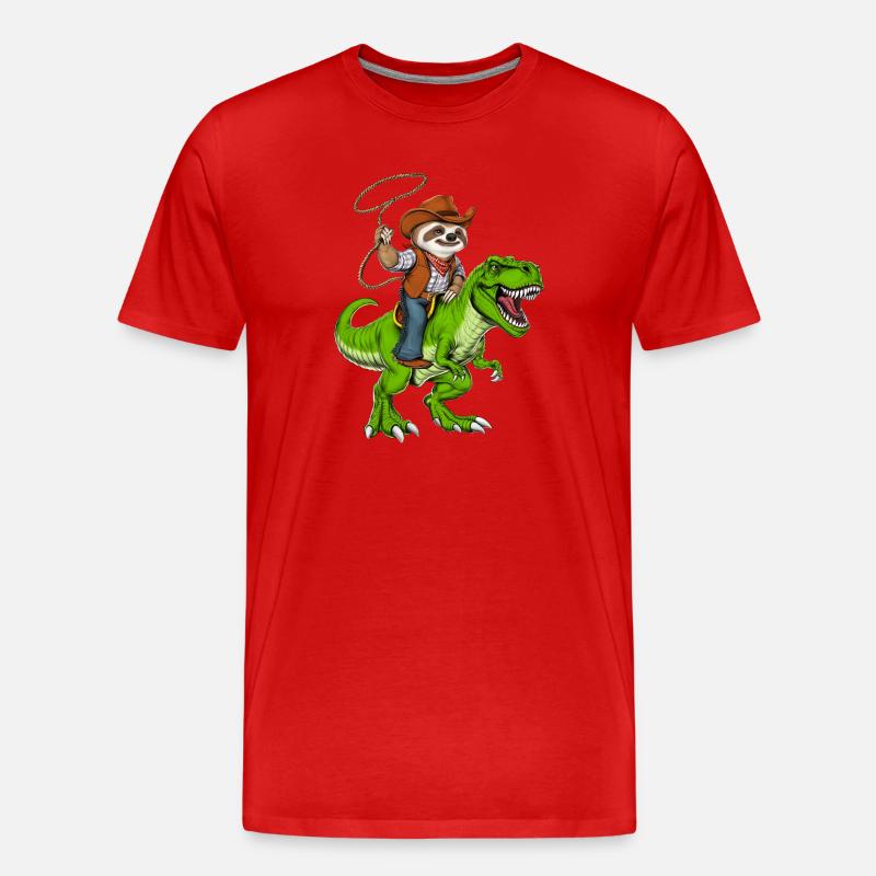 Faultier Cowboy Reitt T-Rex Dinosaurier - Männer Premium Bio T-Shirt - Rot