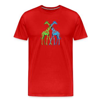Duo de girafes néon bleu vert à pois et amoureux - T-shirt bio Premium Homme - rouge - Devant - Damien (186cm)