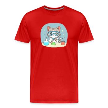 Wissenschaftlerin Katze im Labor Süßer Cartoon  - Männer Premium Bio T-Shirt - Rot - Vorne - Damien (186cm)
