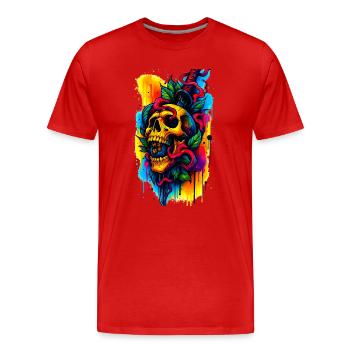 Bunter Totenschädel mit Messer und Blättern - Männer Premium Bio T-Shirt - Rot - Vorne - Damien (186cm)