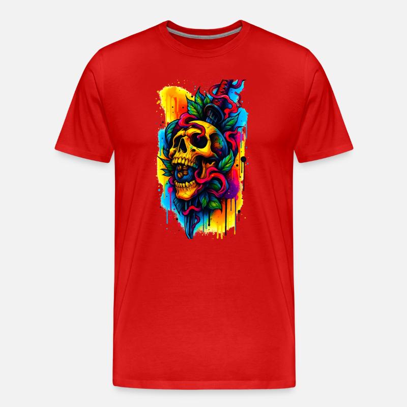 Bunter Totenschädel mit Messer und Blättern - Männer Premium Bio T-Shirt - Rot