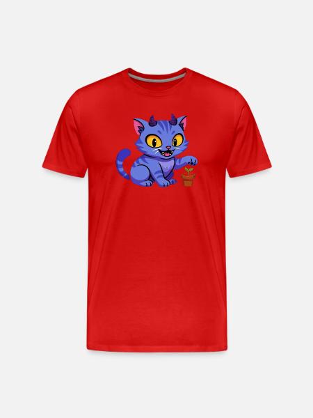 Blauer Katzenkobold mit Pflanze - Männer Premium Bio T-Shirt - Rot