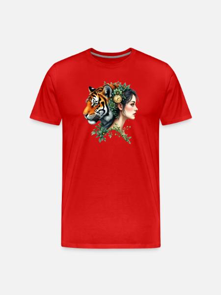 Florale Tigerfrau mit Uhr - Männer Premium Bio T-Shirt - Rot