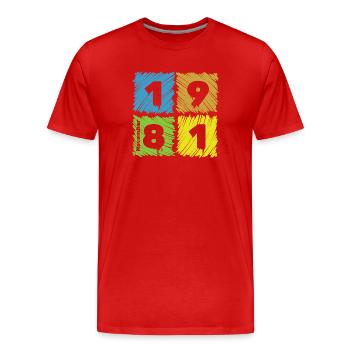 44. Geburtstag Farbige Patches since 11/1981 - Men's Premium Organic T-Shirt - red - Front - Damien (186cm)