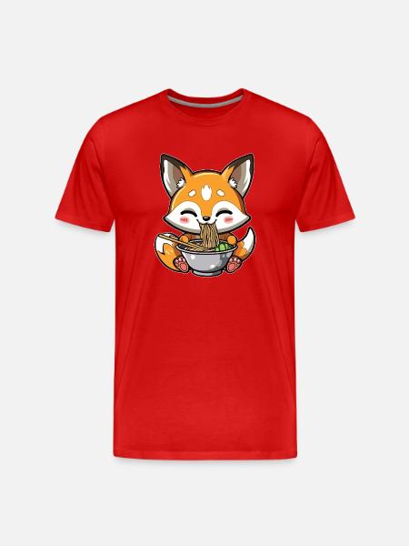 Kawaii Fox Eats Ramen Noodles - Men's Premium Organic T-Shirt - red