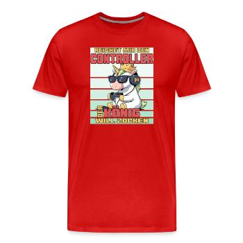 Unicorn Retro - Le roi veut jouer - T-shirt bio Premium Homme - rouge - Devant - Damien (186cm)