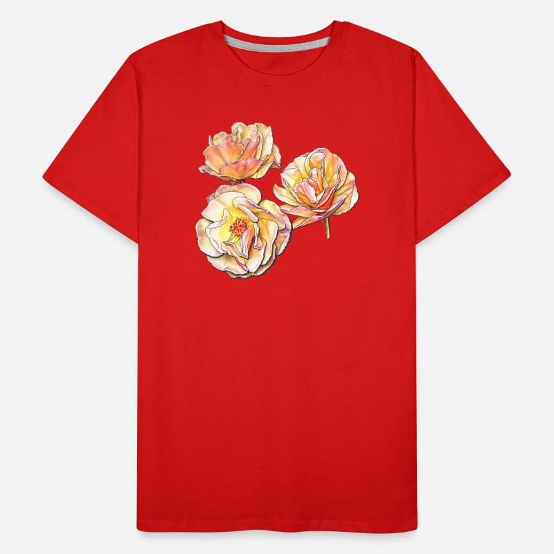 Trois fleurs de rose jaune rose dessin au crayon de couleur T-shirt bio Premium Homme