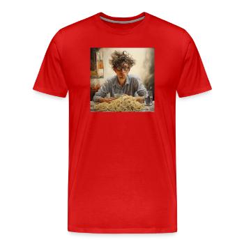 Young man tangled hair with spaghetti mountain glasses - Men's Premium Organic T-Shirt - red - Front - Damien (186cm)