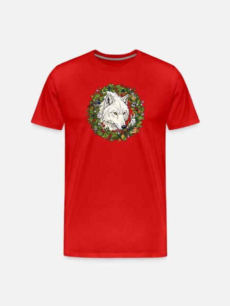 Weißer Waldwolf im Blumenkranz - Männer Premium Bio T-Shirt - Rot