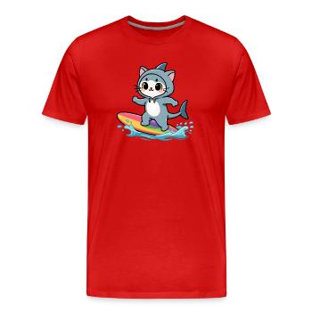 Haikatze auf Regenbogen-Surfbrett - Männer Premium Bio T-Shirt - Rot - Vorne - Damien (186cm)