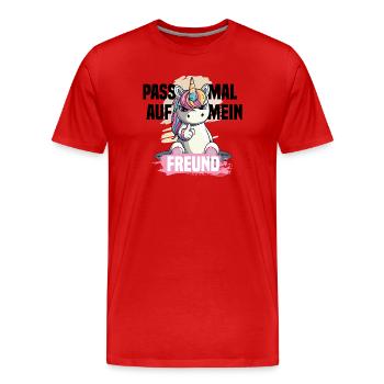 Naughty Unicorn – Watch out, my friend! - Men's Premium Organic T-Shirt - red - Front - Damien (186cm)