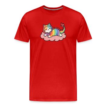Entspannte Regenbogen-Drachenkatze auf Wolke - Männer Premium Bio T-Shirt - Rot - Vorne - Damien (186cm)