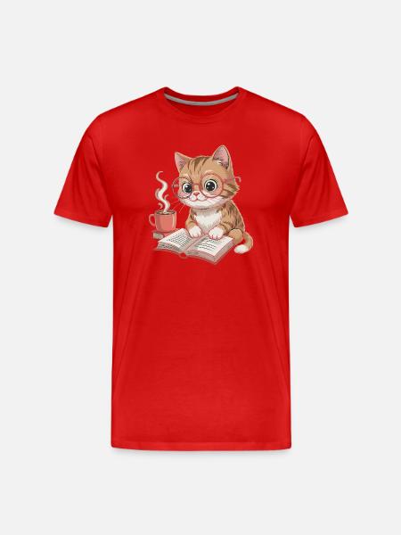 ReadingCat Cat with Glasses and Coffee - Men's Premium Organic T-Shirt - red