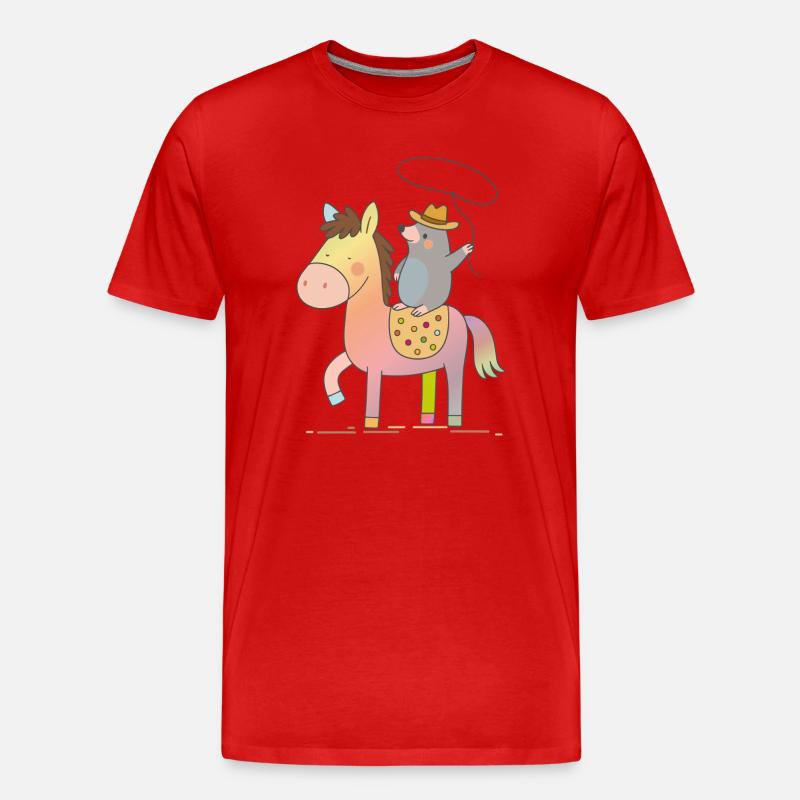 Fröhlicher Maulwurf reitet auf buntem Pferd - Männer Premium Bio T-Shirt - Rot