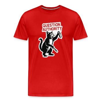 Katzenrebell: Frage Autorität - Männer Premium Bio T-Shirt - Rot - Vorne - Damien (186cm)