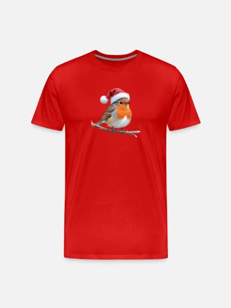 Robin Santa Hat on Branch - Men's Premium Organic T-Shirt - red