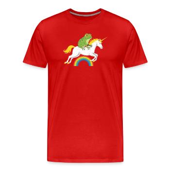 Frosch reitet Einhorn über Regenbogen - Männer Premium Bio T-Shirt - Rot - Vorne - Damien (186cm)