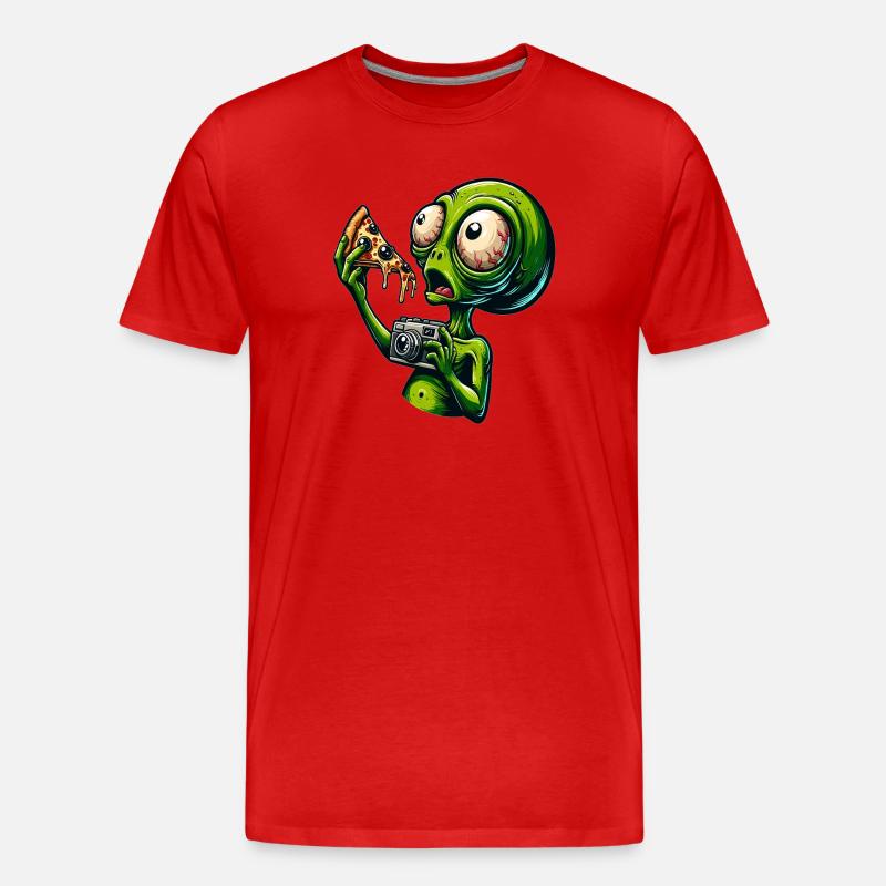 Alien mit Pizza und Kamera - Männer Premium Bio T-Shirt - Rot