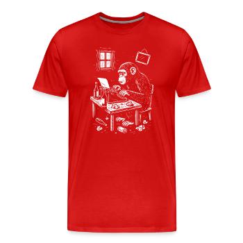 Chimp at the Desk writing a book - Men's Premium Organic T-Shirt - red - Front - Damien (186cm)