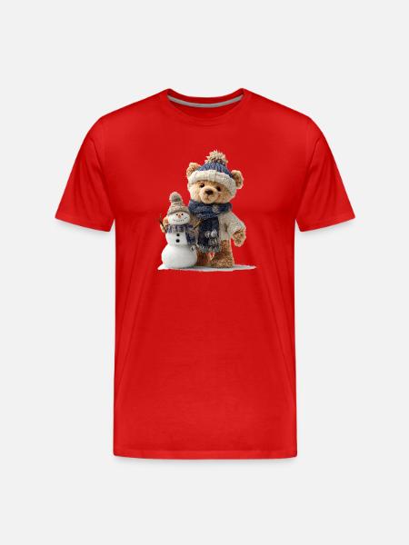 Teddy bear builds a snowman - Men's Premium Organic T-Shirt - red