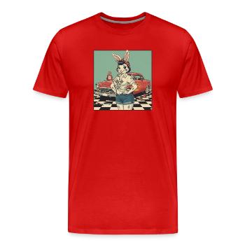 Häsin Racer Pinup Retro Auto - Männer Premium Bio T-Shirt - Rot - Vorne - Damien (186cm)