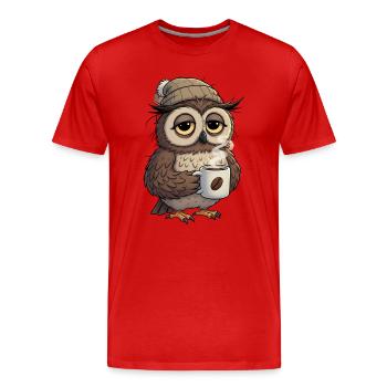 Verschlafene Eule Mit Kaffeetasse Cartoon - Männer Premium Bio T-Shirt - Rot - Vorne - Damien (186cm)