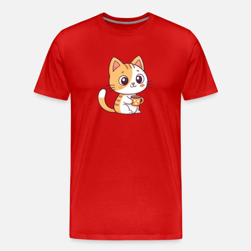 Süße Katze mit Teeherztasse - Männer Premium Bio T-Shirt - Rot