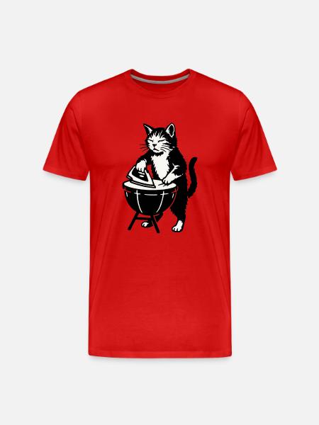 Grillkatze am Barbecue-Grill - Männer Premium Bio T-Shirt - Rot