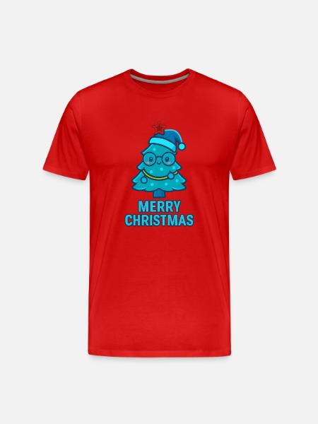 Blauer Comic-Weihnachtsbaum mit Brille - Männer Premium Bio T-Shirt - Rot