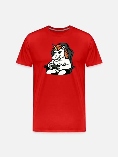 Gaming-Einhorn-Maskottchen im Gamer-Stuhl - Männer Premium Bio T-Shirt - Rot