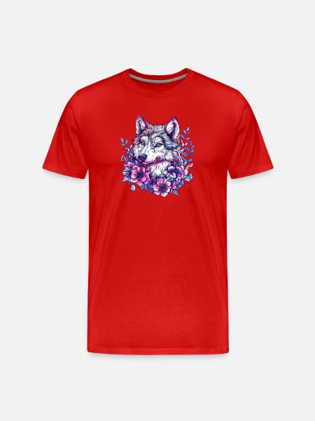 Blütenwolf: Farbexplosion im Blütenkranz - Männer Premium Bio T-Shirt - Rot