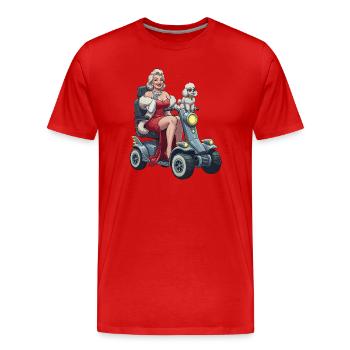 Pin-up Diva sur scooter de mobilité et chien - T-shirt bio Premium Homme - rouge - Devant - Damien (186cm)