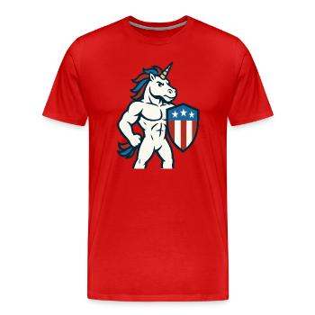 Patriotisches Einhorn-Maskottchen-Power-Schild-Design - Männer Premium Bio T-Shirt - Rot - Vorne - Damien (186cm)